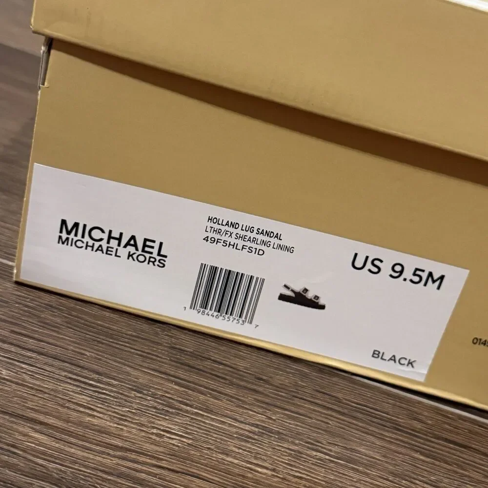 Michael Kors Holland Lug Sandal Faux Shearling Black Womens 9.5M 49F5HLFS1D NIB